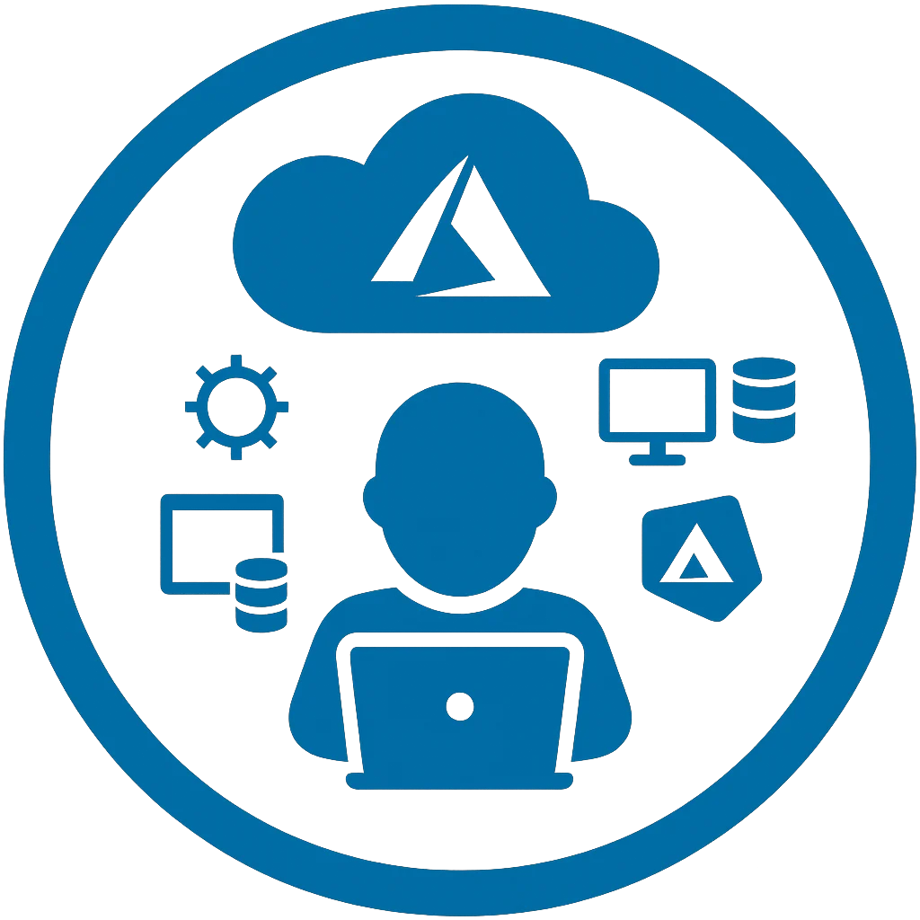 Coder at a laptop surrounded by cloud and tech icons, symbolizing cloud computing and IT development.