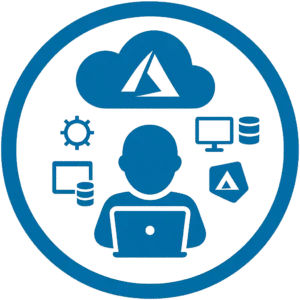 Icon representing cloud computing and IT administration: a person at a laptop surrounded by cloud, data, and device icons within a circle