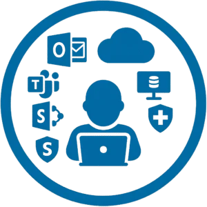 Person using a laptop with cloud and security icons around, symbolizing cloud IT security and collaboration tools (e.g., Microsoft 365).
