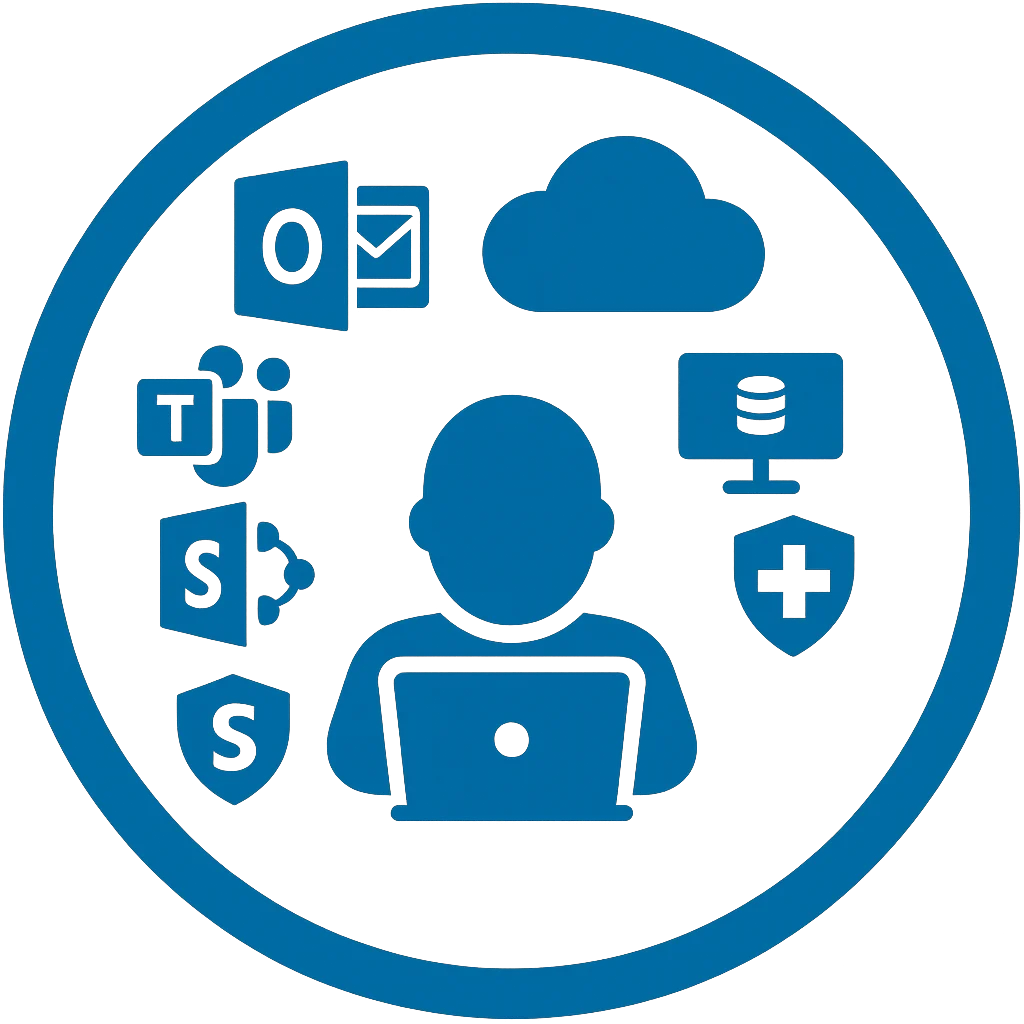 Person using a laptop with cloud and security icons around, symbolizing cloud IT security and collaboration tools (e.g., Microsoft 365).